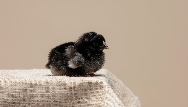 Tiny black chick perched delicately on a burlap sack against soft backdrop
