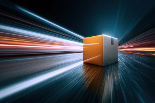 A single package illuminated by dynamic streaks of light racing past on a reflective surface symbolizing fast and efficient modern delivery services in motion
