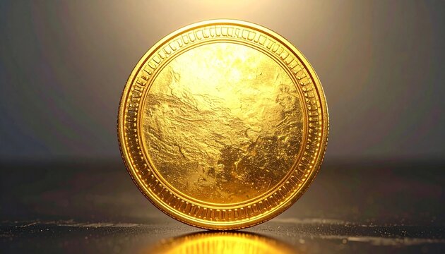 A solitary golden coin stands luminous on reflective ground, embodying surreal metaphors of value, permanence, and the poetic tension between fragility and timeless wealth.