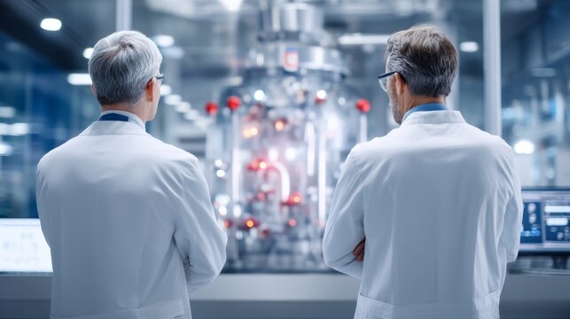 Researchers Observing Large Containment Chamber in Modern Laboratory Setting