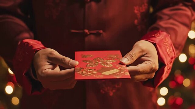 Hands Giving Red Envelope Lunar New Year Gift Close Up Cinematic Loop 4K	
