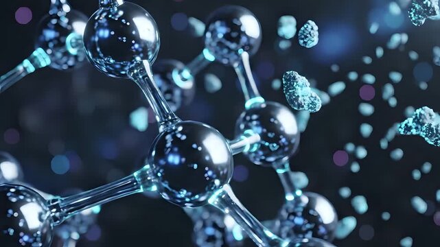 Abstract molecular structure with glowing particles and bokeh effects.