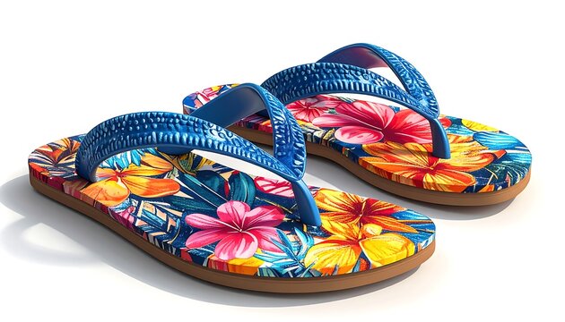 A vibrant pair of flip-flops featuring a floral pattern and blue straps, sitting against a white backdrop