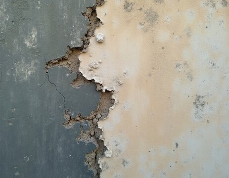 Damaged exterior wall with peeling paint and exposed concrete structure. Two contrasting colors, grey and beige, show cracks, chips, and rough texture.
