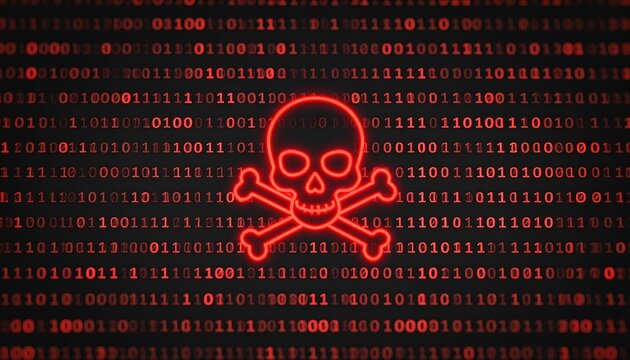 Red skull and crossbones graphic on a binary code background