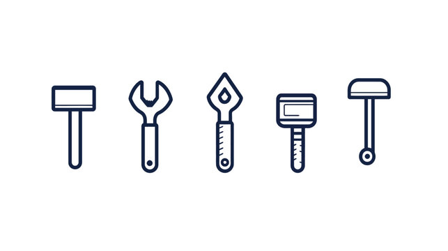 Linear outline icons of tools, including a hammer, wrench, bottle opener, brush, and a knob tool