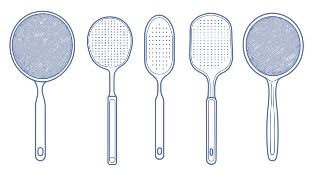 Illustration of five kitchen utensils with different head shapes, in shades of blue
