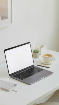 clean minimalist workspace with laptop and coffee, bright light, productivity concept, modern aesthetic vertical