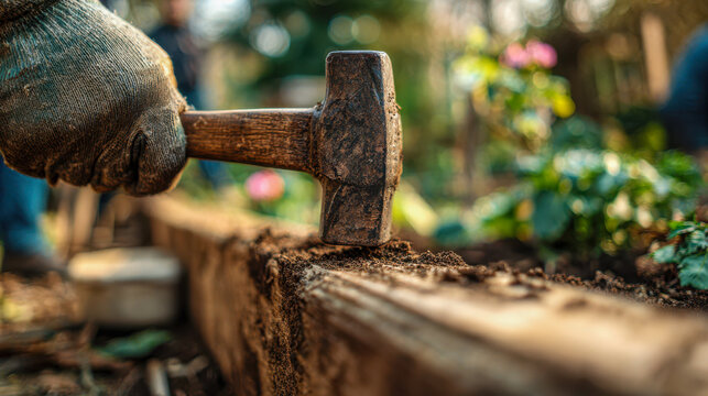 Person wearing gloves using a sturdy hammer to work on a wooden garden bed surrounded by soil and blooming flowers in a sunny outdoor setting