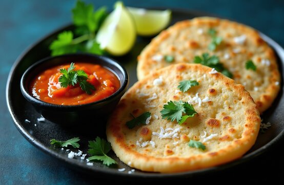 Fluffy rice flatbreads pathiri served with spicy red chutney and fresh lime wedges. Tasty Kerala cuisine perfect for authentic Indian meals. Garnished with cilantro leaves.