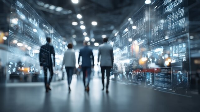 Business Leaders Walking Through Modern Innovation Hub with Technology