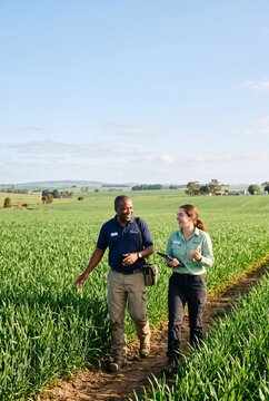 Diverse team of agricultural experts walking through a green field and discussing crop health with a digital tablet