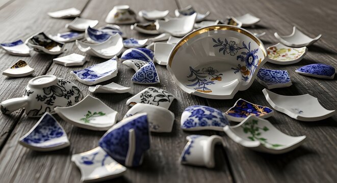 Broken blue and white ceramic plates and bowls arranged on rustic wooden table top