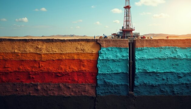 Cutaway view shows earth layers and oil rig. Drilling platform extracts fossil fuels from deep underground strata. Industrial operation extracts minerals for energy production.