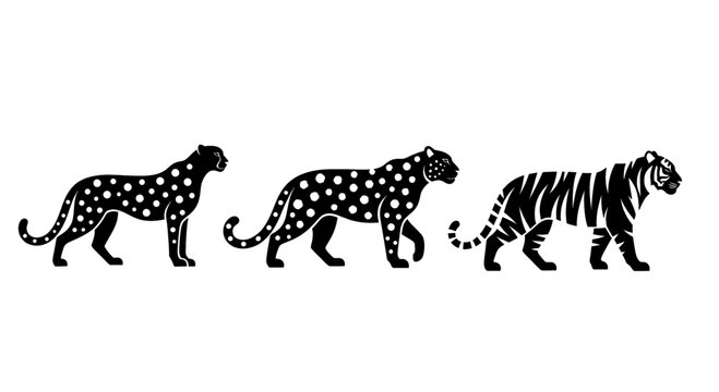 Three majestic wild cats, including leopards and a tiger, depicted in bold black silhouettes against a white background.