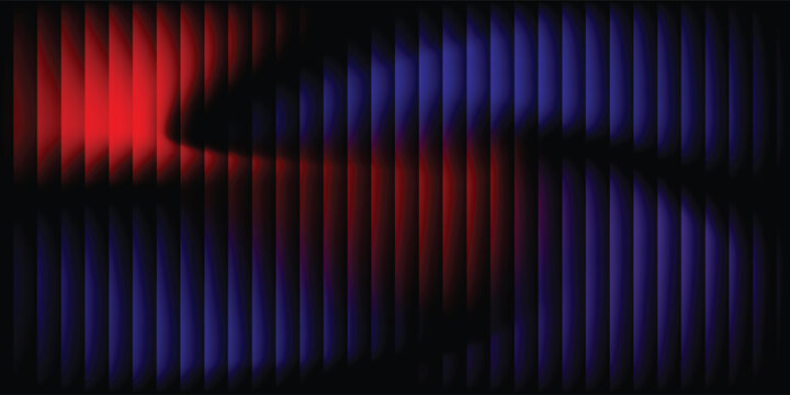 Abstract dark background with vertical lines and red blue neon wave glow. Modern futuristic tech pattern for gaming, cyber energy, and digital electronic design. Vector illustration.