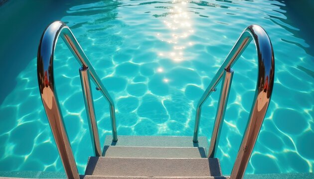 Swimming pool stpic with metal handrails lead into clear blue sparkling water on a sunny day. Inviting aquatic scene for relaxation and summer fun.
