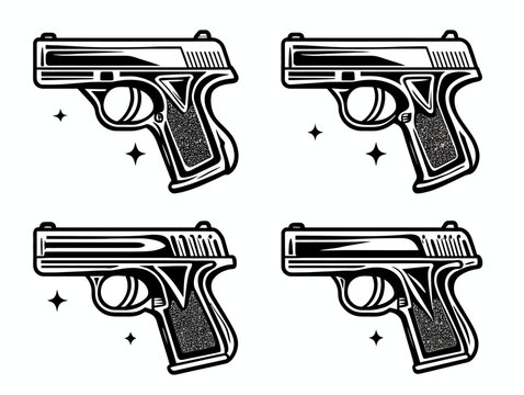 Four black and white illustrations of a pistol, each with textured grips and star accents