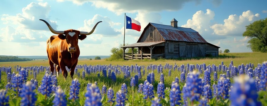 Longhorn cow stands in field of bluebonnets near rustic barn. Texas flag flies on pole under bright blue sky with clouds. Rural landscape scene.