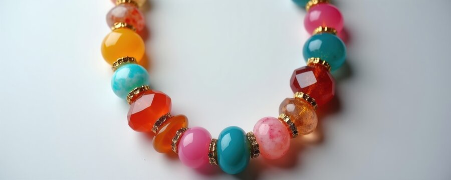 Close up of multicolor beaded bracelet with gold spacers. Round and faceted stones in pink blue orange yellow and red create a vibrant fashion accessory.