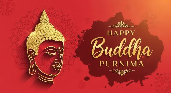 Golden buddha head illustration for happy buddha purnima greeting card on a textured red background