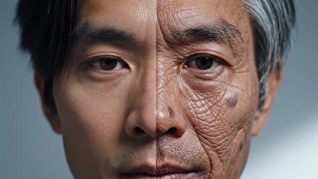 This shows a split-screen comparison of a man's face as he ages from young to old, highlighting the changes in his skin and appearance over time.