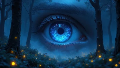 Papier peint photo Chambre de fille Giant blue eye stares from dark misty forest. Magical glowing lights dot green undergrowth. Mysterious nocturnal scene inspires wonder and deep thought. Serene nature unfolds.  © miss irine