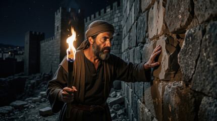 Fototapeta premium Man inspecting ancient stone walls at night with a torch. Biblical character Nehemiah surveying city fortifications. Historical drama scene