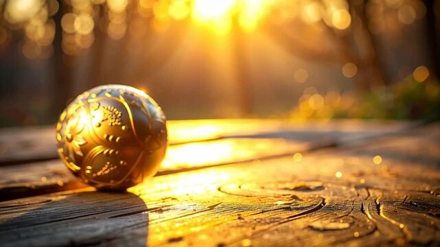 Golden Easter Egg with Ornate Floral Pattern Rolling on Rustic Wooden Table in Golden Sunlight