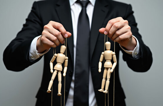 Man in suit controls two wooden puppets with strings. Symbolizes corporate control influence hidden agendas and manipulation in business decisions and operations.