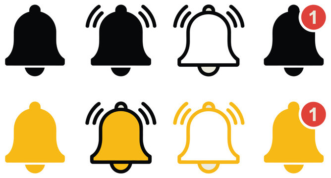 Notification bell ringing icons collection, alarm alert symbols with smartphone reminders for new messages, push notifications, warning alerts and digital communication systems