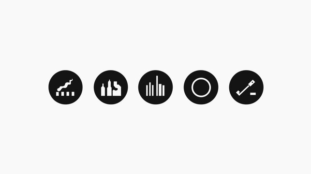 A set of five minimalist, round black icons with white graphical symbols