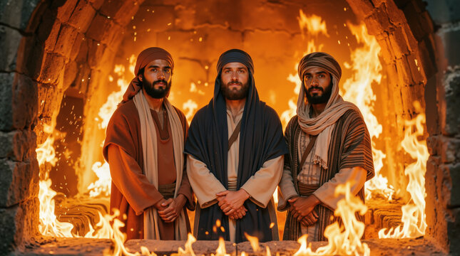 Three men standing inside a fiery furnace. Biblical scene of Shadrach, Meshach and Abednego. Faith and protection concept