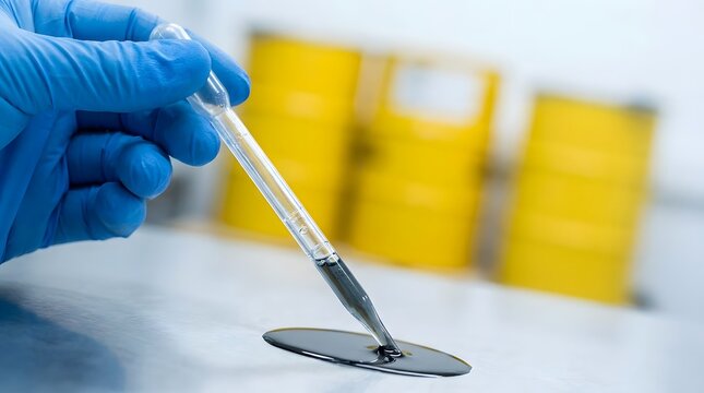 Scientist hand in blue glove using pipette for dark chemical liquid spill in laboratory with copy space