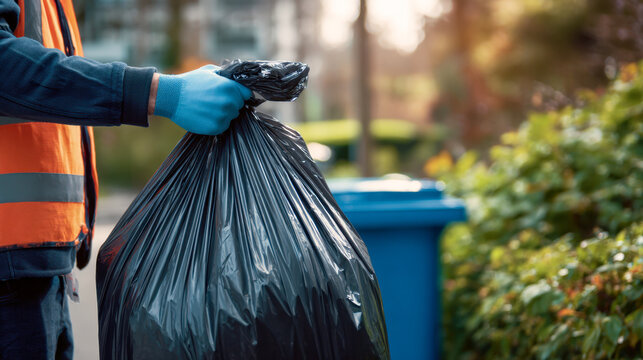 Worker wearing protective gloves and safety vest holding a full black garbage bag outdoors near recycling bins in a residential neighborhood with greenery background