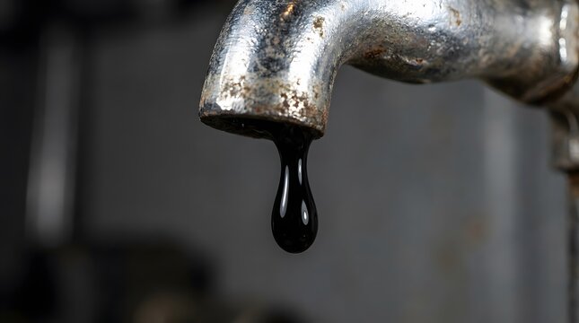 Close Up of Black Oil or Contaminated Liquid Dripping from an Old Rusty Metal Faucet Outdoors