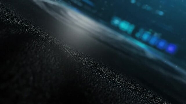 Abstract futuristic dark surface with moving light and blue digital overlay, a technology or science fiction concept.