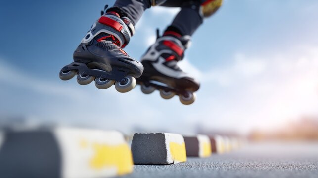Skater Jumping Over Low Barriers on Inline Skates During Bright Daylight