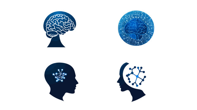 Collection of four conceptual illustrations brain silhouette and electronic neuron diagrams