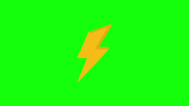 Single Yellow Lightning Bolt Flashing on Green Screen Chroma Key Background for Cartoon Motion Design