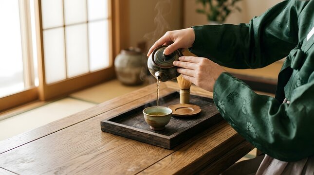 Woman in Traditional Hanbok Pouring Hot Tea from Teapot in Authentic Korean Tea Ceremony Room