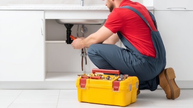 Plumber Kneeling Under Sink Fixing Water Pipes in Kitchen Area