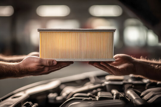 Hands exchanging a new automotive air filter over an engine compartment in a workshop with blurred background and soft natural light beams