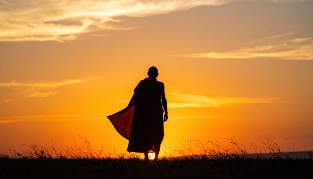 Silhouette of a Monk Walking Towards a Vibrant Sunset.