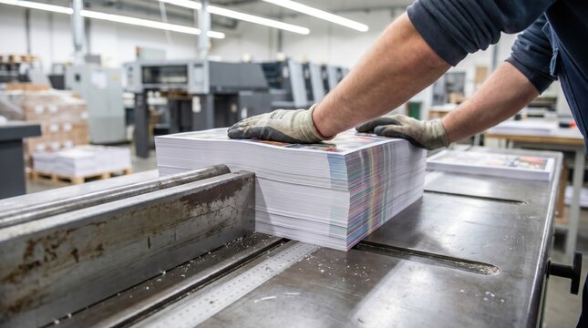 Worker aligning a thick stack of printed paper in an industrial paper cutting machine