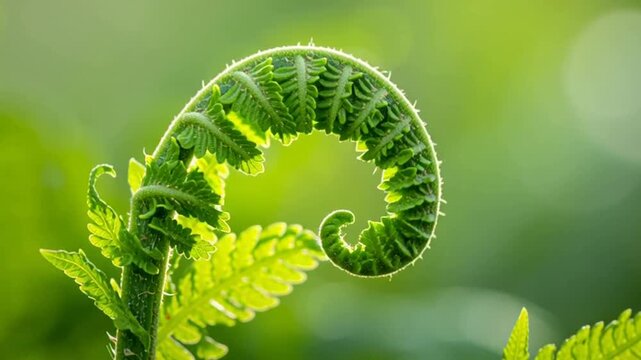 Vibrant Green Fern Fiddlehead Unfurling, Symbolizing New Life and Natural Growth