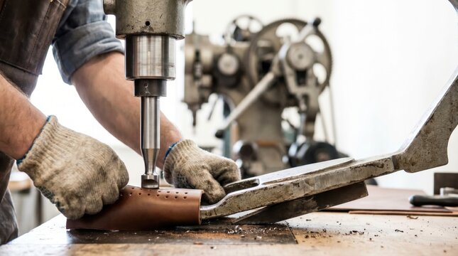 Leatherworker using a heavy mechanical press to punch precise holes into a leather piece