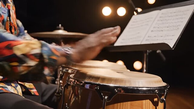 Closeup of a musician playing a conga drum with sheet music in the background.