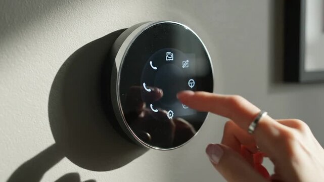 Woman's hand adjusting smart home thermostat with circular digital touch screen for climate control and energy management