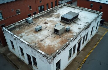 Fototapeta premium Old white brick building rooftop shows signs of wear, decay, and aged HVAC units. Adjacent red brick structure stands nearby on an overcast day.